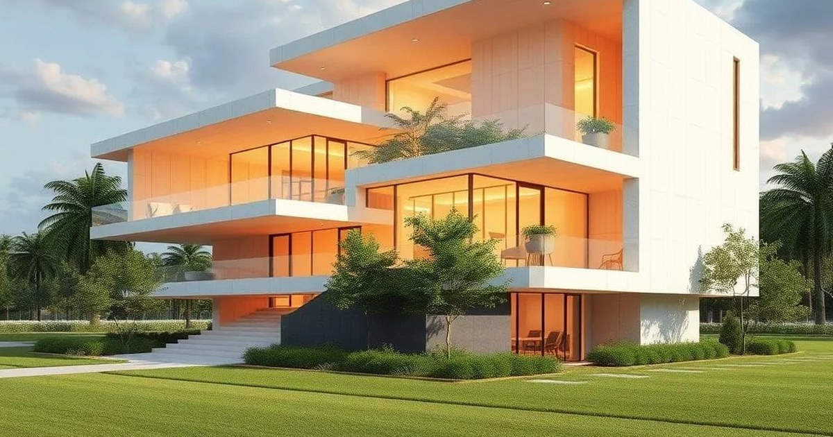 A photorealistic render of a modern multi-storey concrete-and-glass building at golden hour