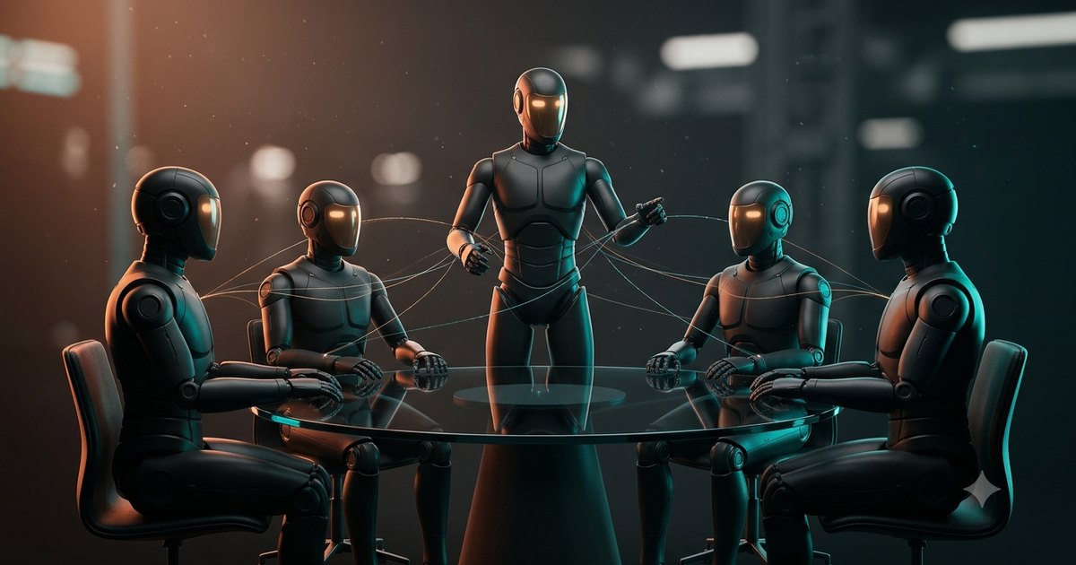 Five sleek black humanoid robots with glowing amber visors around a dark glass table, an orchestrator robot directing them — a CrewAI multi-agent crew