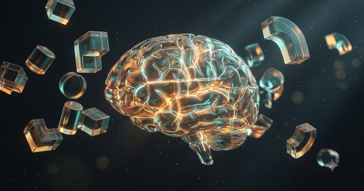 A glowing translucent glass brain surrounded by floating modular blocks wired with amber and teal light, representing composable LLM apps in Dify