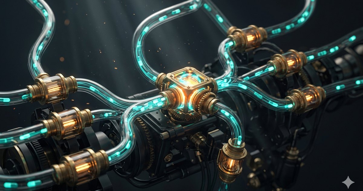 A machine of glowing teal conduits and amber brass nodes carrying capsules of data, representing an n8n automation workflow