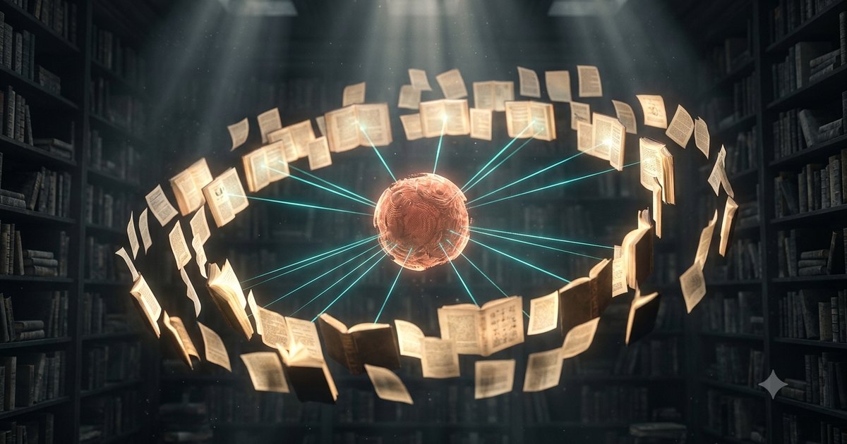 A glowing orb suspended in a dark library ringed by floating open books lit by teal beams and god-rays, representing Perplexica AI search grounded in cited sources