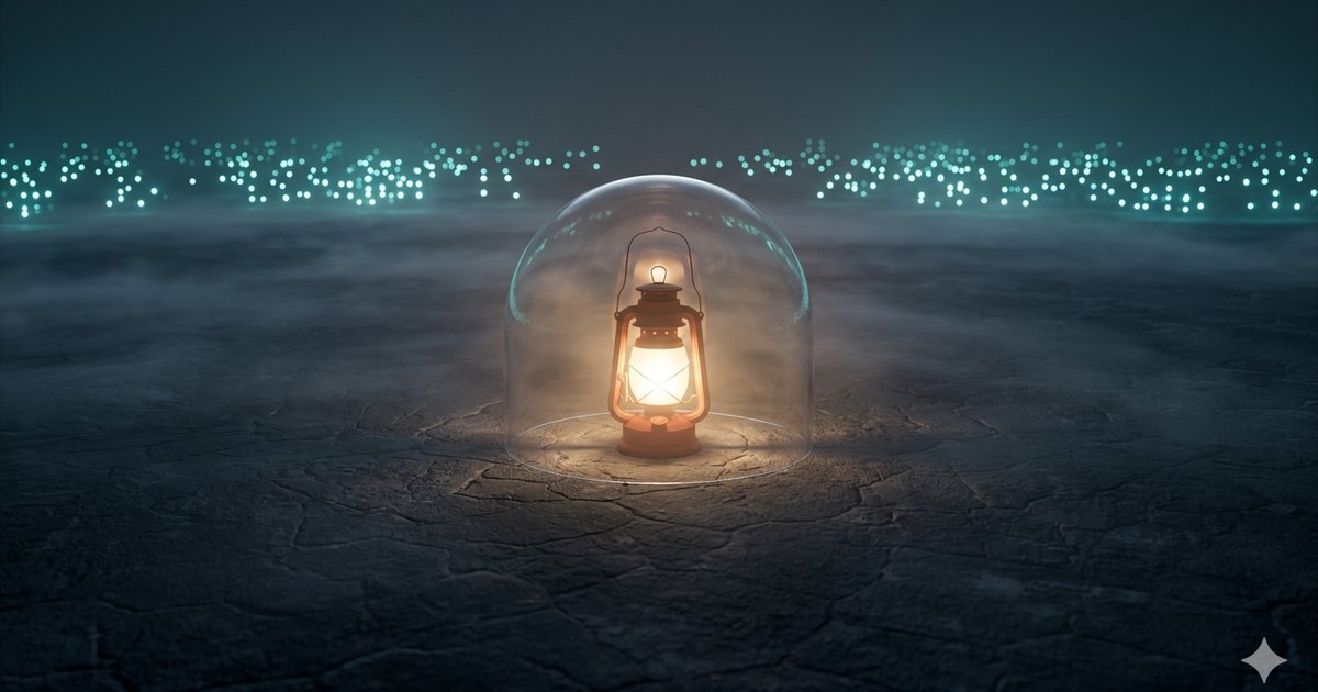 A single glowing lantern under a protective glass dome on a dark foggy plain with distant search-engine lights on the horizon, representing private SearXNG metasearch